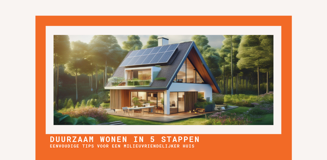 Afbeelding van een moderne woning met zonnepanelen op het dak, in een groene, bosrijke omgeving